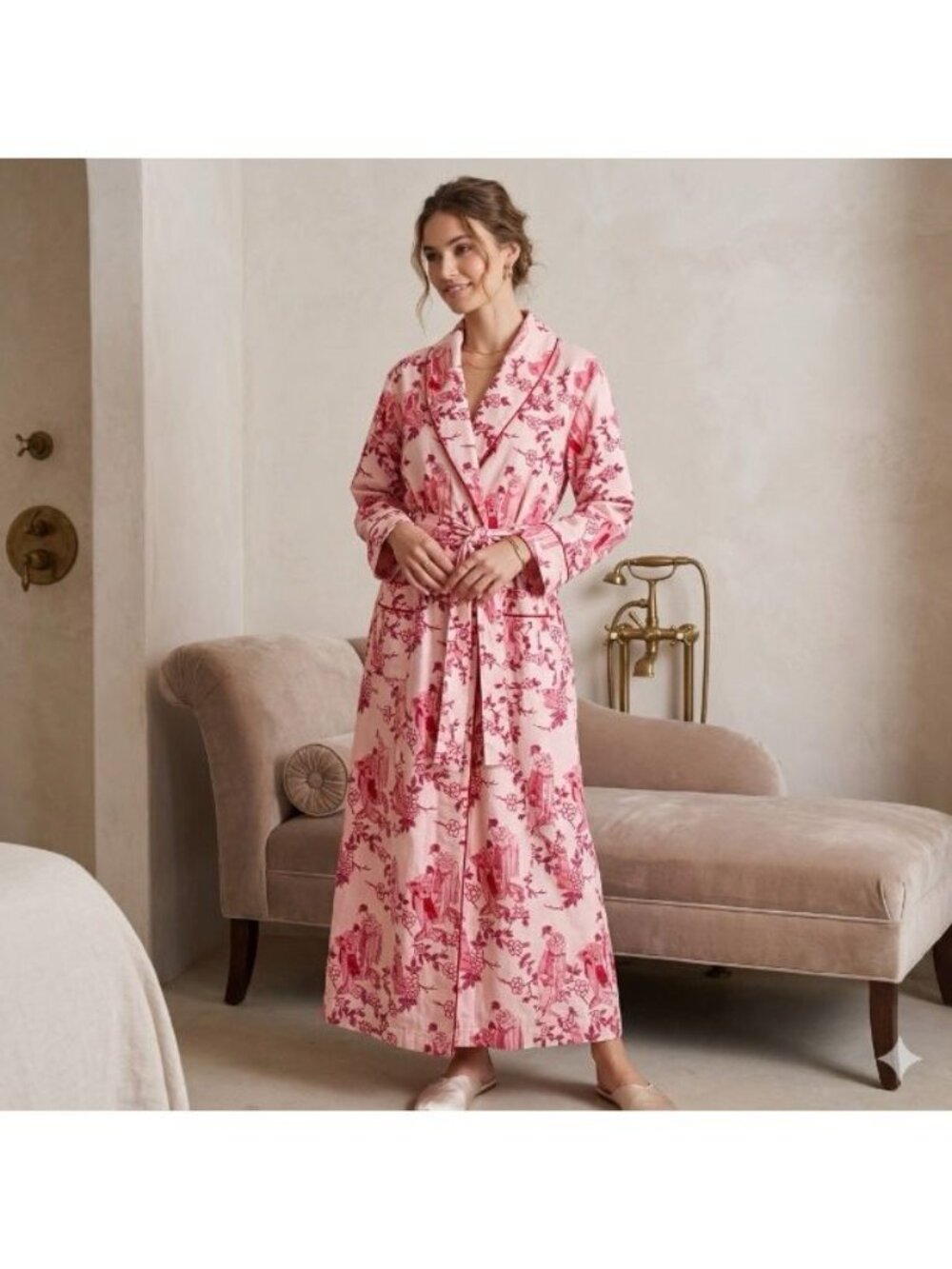 The Cats Pajamas Womens Sz M/L Pink Geisha Pattern Belted Long Soft Flannel Robe